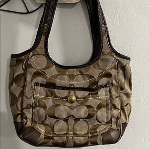 Coach Brown and Tan Signature Shoulder Bag